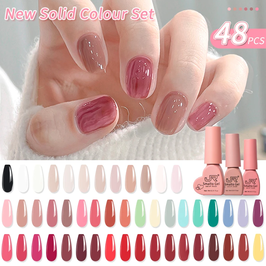 

JR 48pcs 9ml gel nail polish set Including Red Pink Nude Gel Polish Kit UV LED Soak Off Polish Home DIY love hearts bow