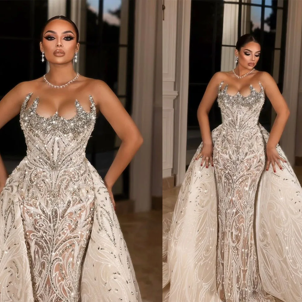 

Elegant Evening Dresses Strapless Prom Dress Detachable Train Crystal Beaded Sleeveless Mermaid Party Gowns Vestidos De Noche