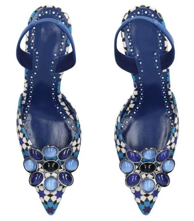 Damen Slingback-Sandalen mit geometrischem Mosaikmuster, spitzer Zehenpartie, Edelstein-Blumenverzierung, gebogenem Kitten-Heel, Abendschuh
