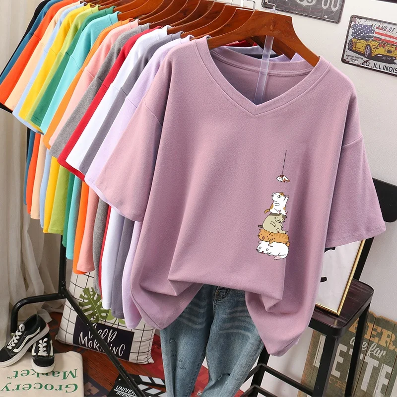Extra Large Size Pure Cotton Short Sleeve V-Neck T-Shirt Women's Loose Thin Summer Fashion plus Size Belly Cover Slimming Top