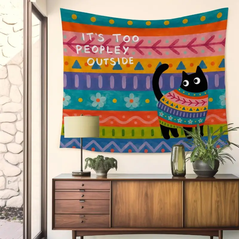VIKAMA Cute Cartoon Black Cat Tapestry Bohemian Colorful Geometric Style Wall Hanging Bedroom Dormitory Home Decoration