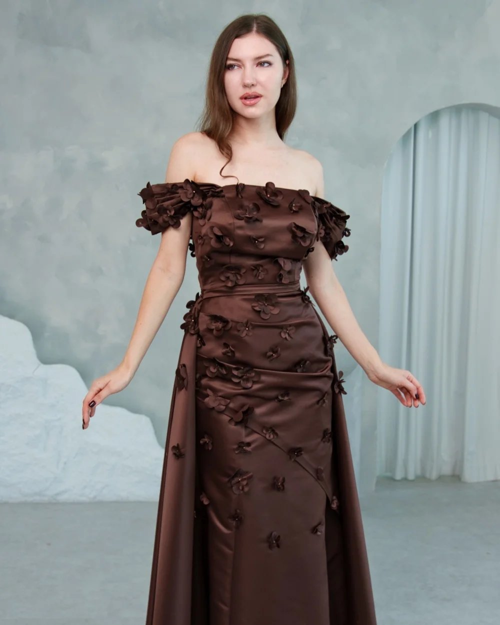 

Customized High Quality Women Charmeuse Handmade Flower Long Sleeves Straight Evening Dresses Formal Off-the-shoulder Party Gown