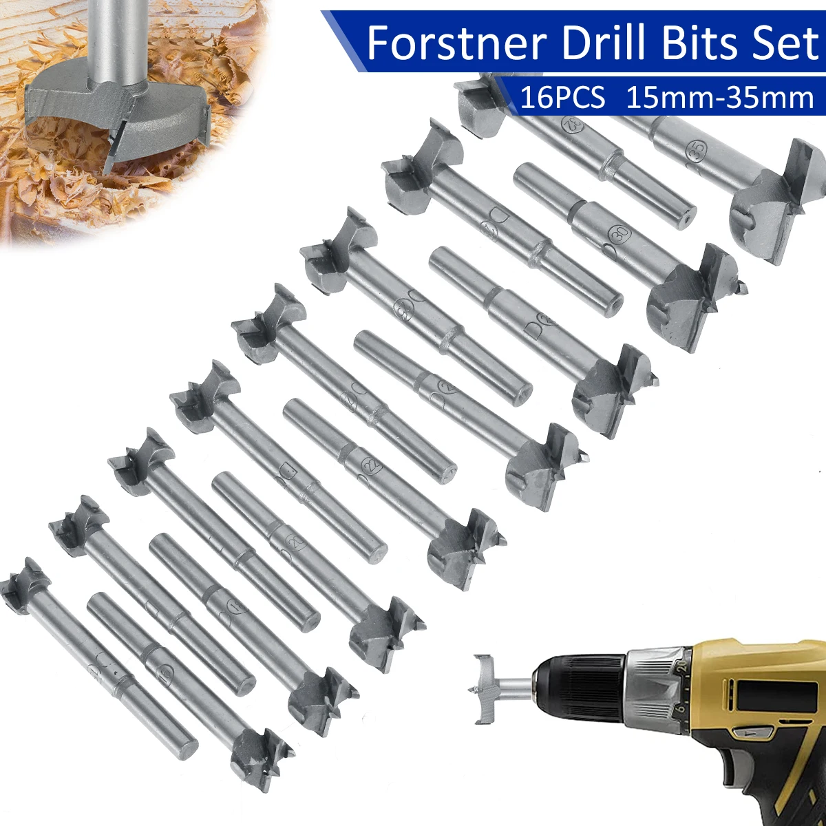 16Pcs 15-35mm Forstner Carbon Steel Boring Drill Bits Woodworking Self Centering Hole Saw Tungsten Carbide Wood Cutter Tools Set