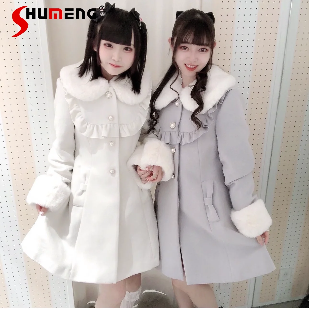 Japanese Lady Fur Collar Fur Sleeve Coats Women Autumn and Winter Slim Back Waist Lace-up Long Sleeve Mid-Length Woolen Coat