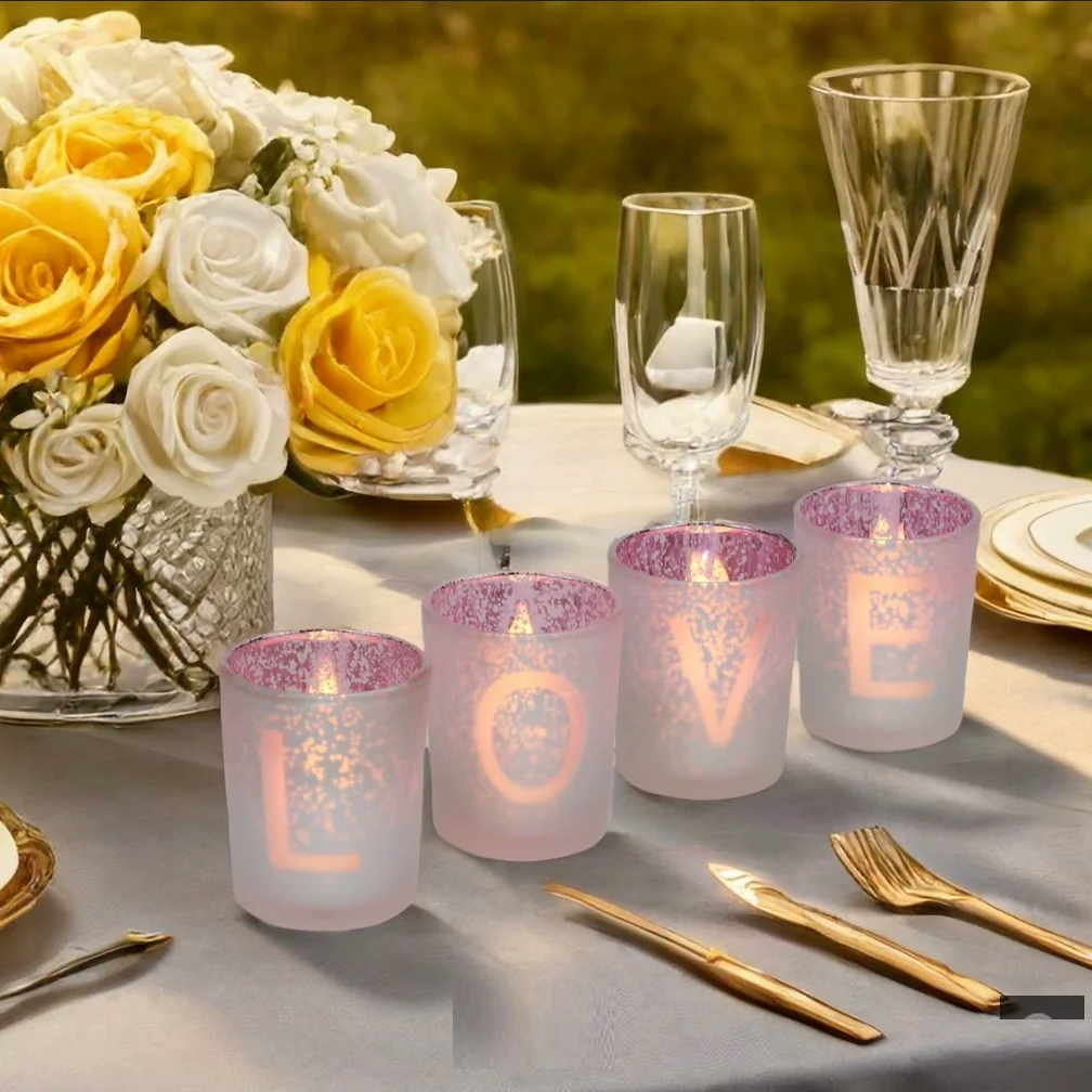 

4-Piece Valentine's Day Atmosphere Decor Set: LOVE Letter Candle Cup Romantic Fragrance Engagement Candle Cup Wedding Decor Orna