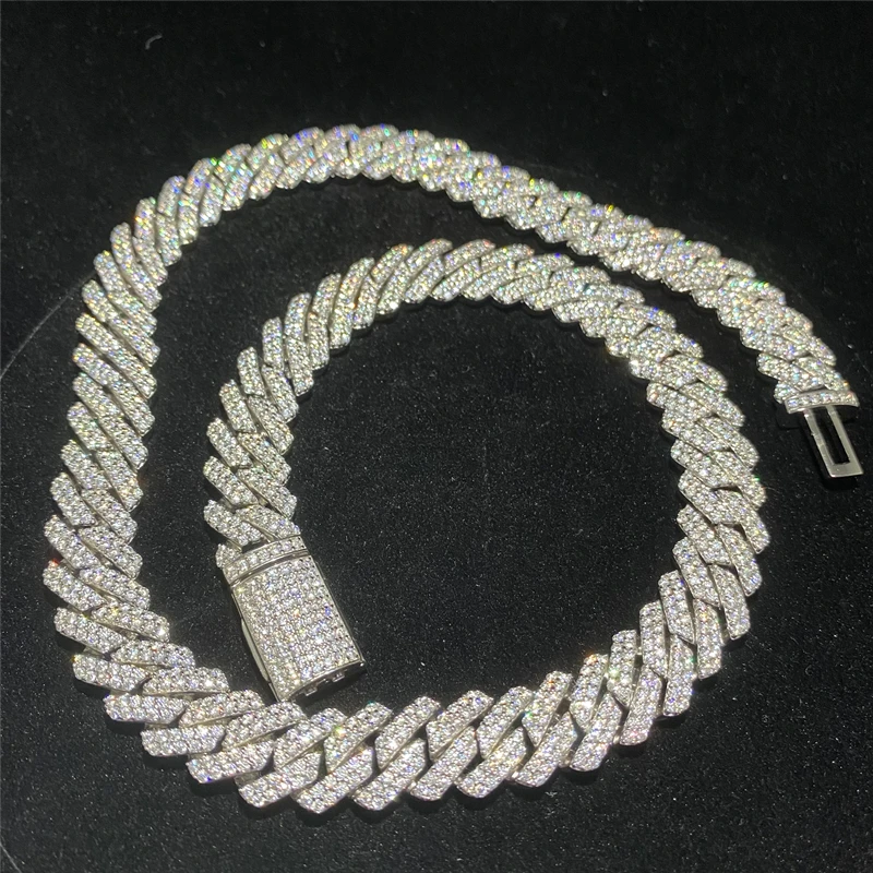 Cross-border E-commerce Sells Miami Chain Simulation Drill Collar S925 Silver Mosant Drill 12mm 14mm 15mm Cuban Chain