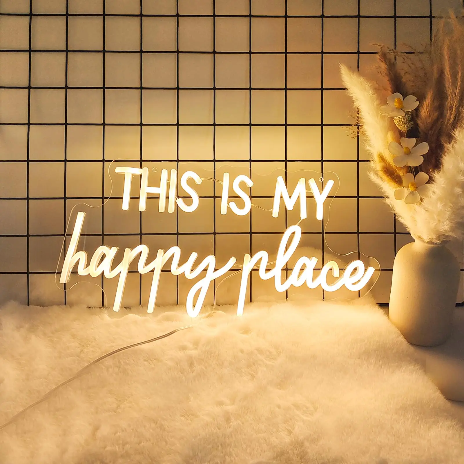

Неоновые вывески This Is My Happy Place для декора спальни для девочек-подростков, светодиодная вывеска для декора стен, прикроватная тумбочка, переключатель с регулируемой яркостью