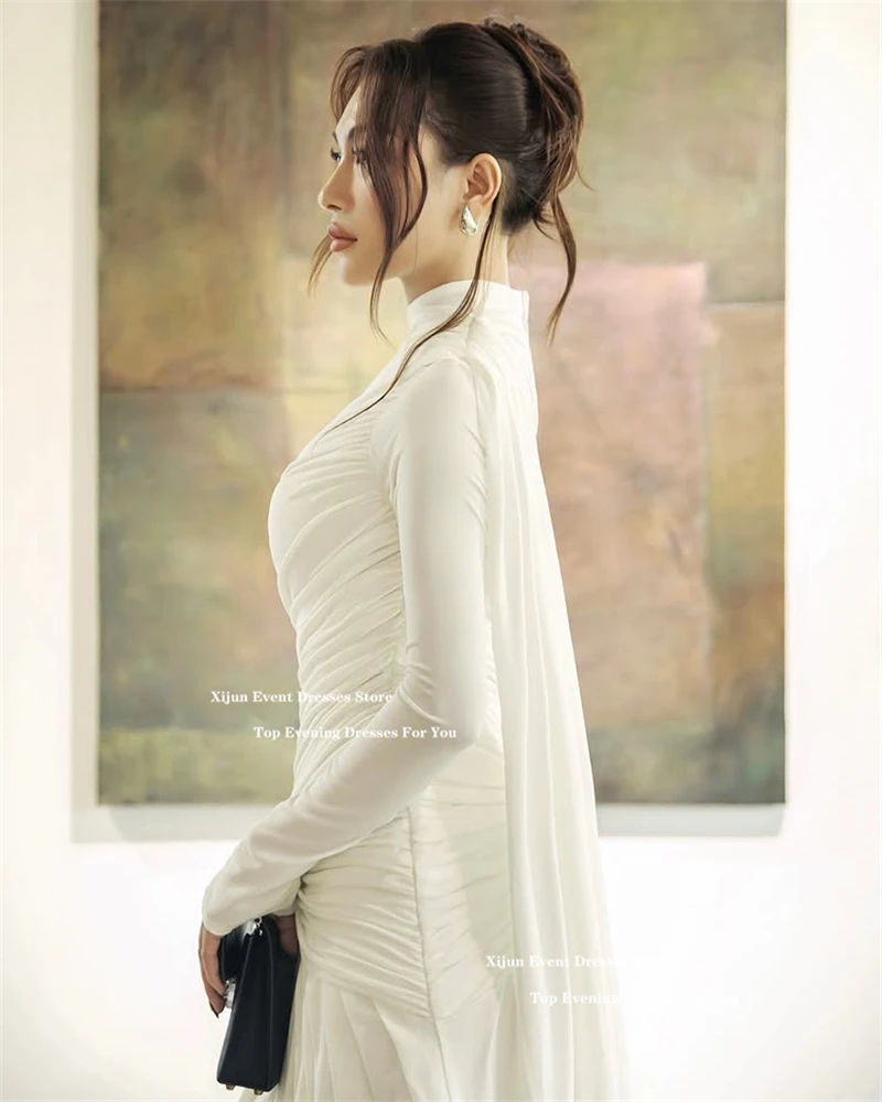 Xijun Ivory Crepe Long Evening Dresses Pleated Saudi Arabia Full Sleeves Formal Prom Dresses High Collar Prom Gowns Customized image 2