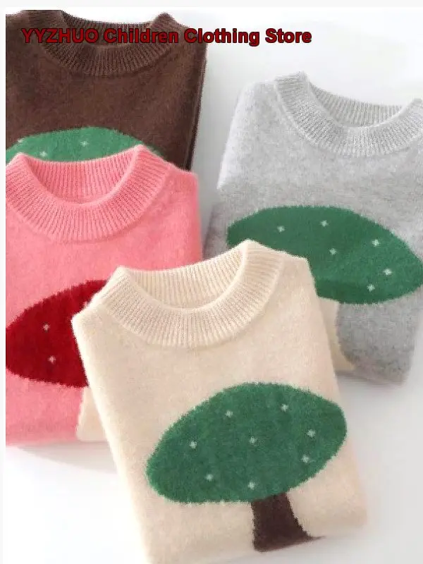 Boys Girls Knit Top Kids Autumn Winter Round Neck Thickened Jacquard Pattern Mushroom Print Warm