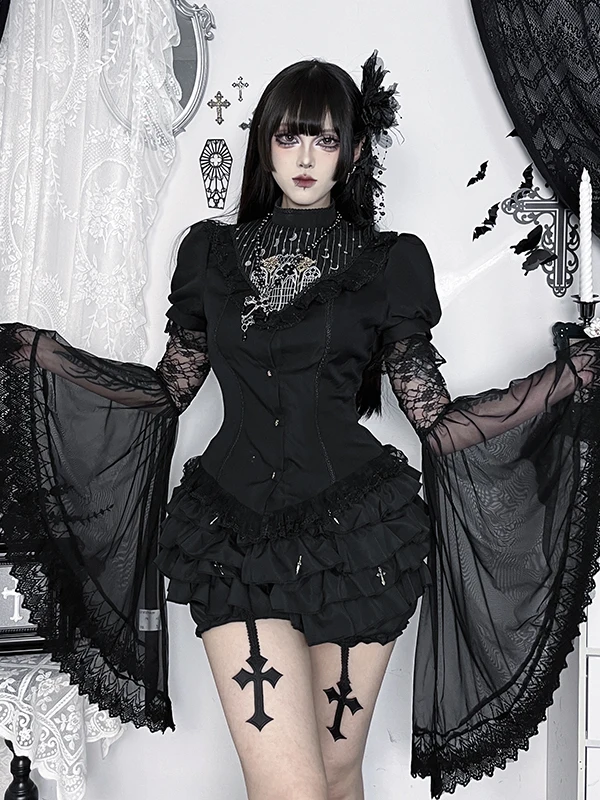 Y2k-Blusa de un solo pecho para niñas, conjunto de encaje de estilo oscuro, ropa de calle gótica con mangas empalmadas, disfraz de Cosplay, traje de Halloween