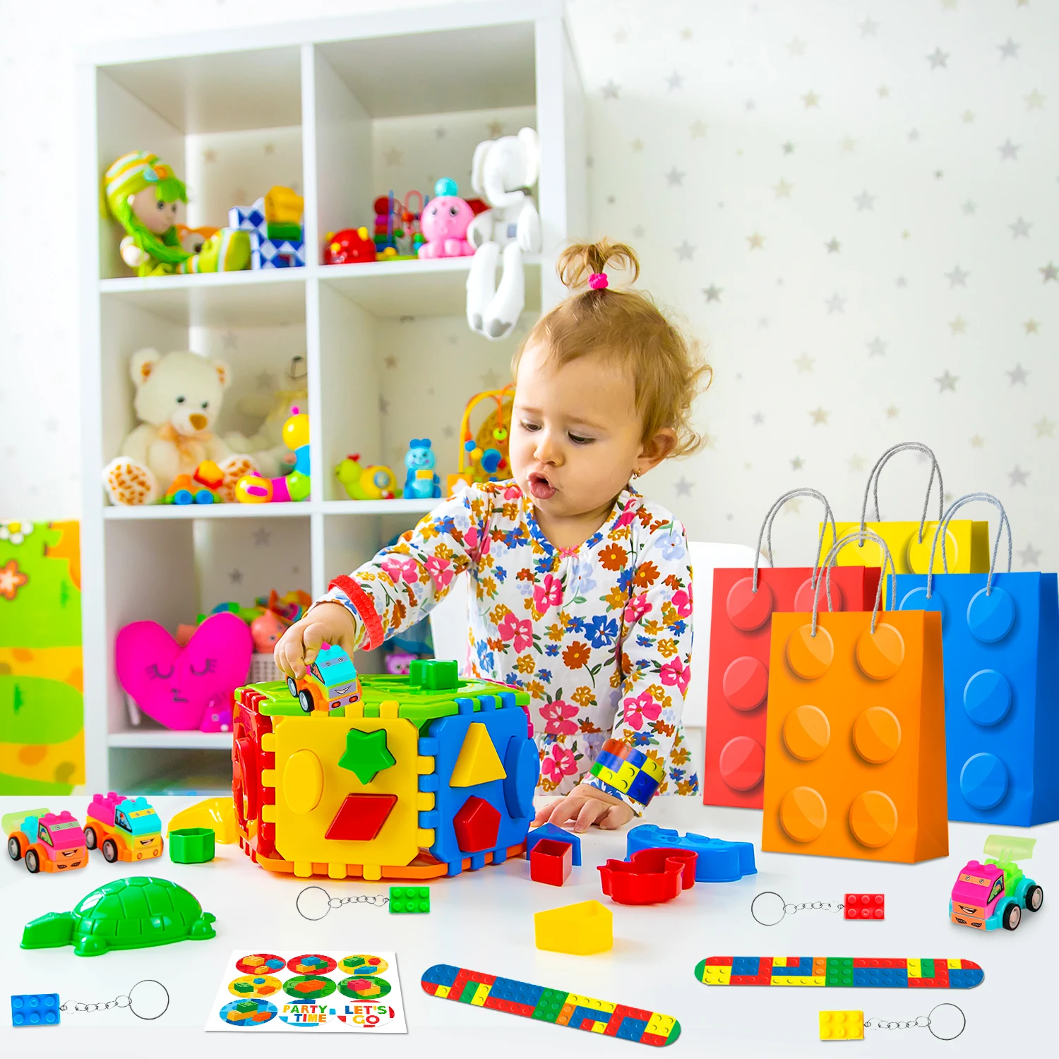 Building Block Birthday Party Favors,62 Pcs Building Blocks Favors Set- Favor Bags,Birthday Party Keychains Slap Bracelets etc