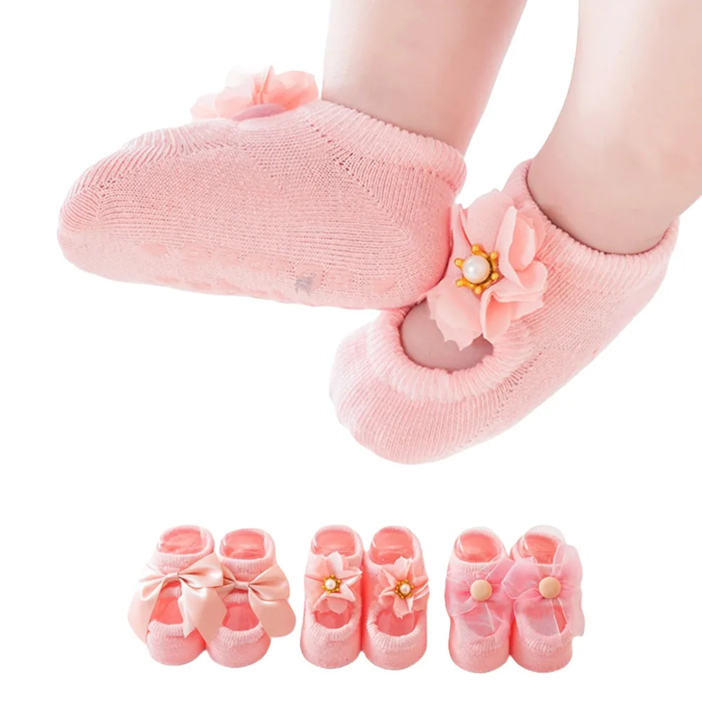3 Pair Cute Baby Socks Girls Spring Newborn Kids Flower Bowknot Lace Non-slip Children Floor Anti Skid Toddler Slipper
