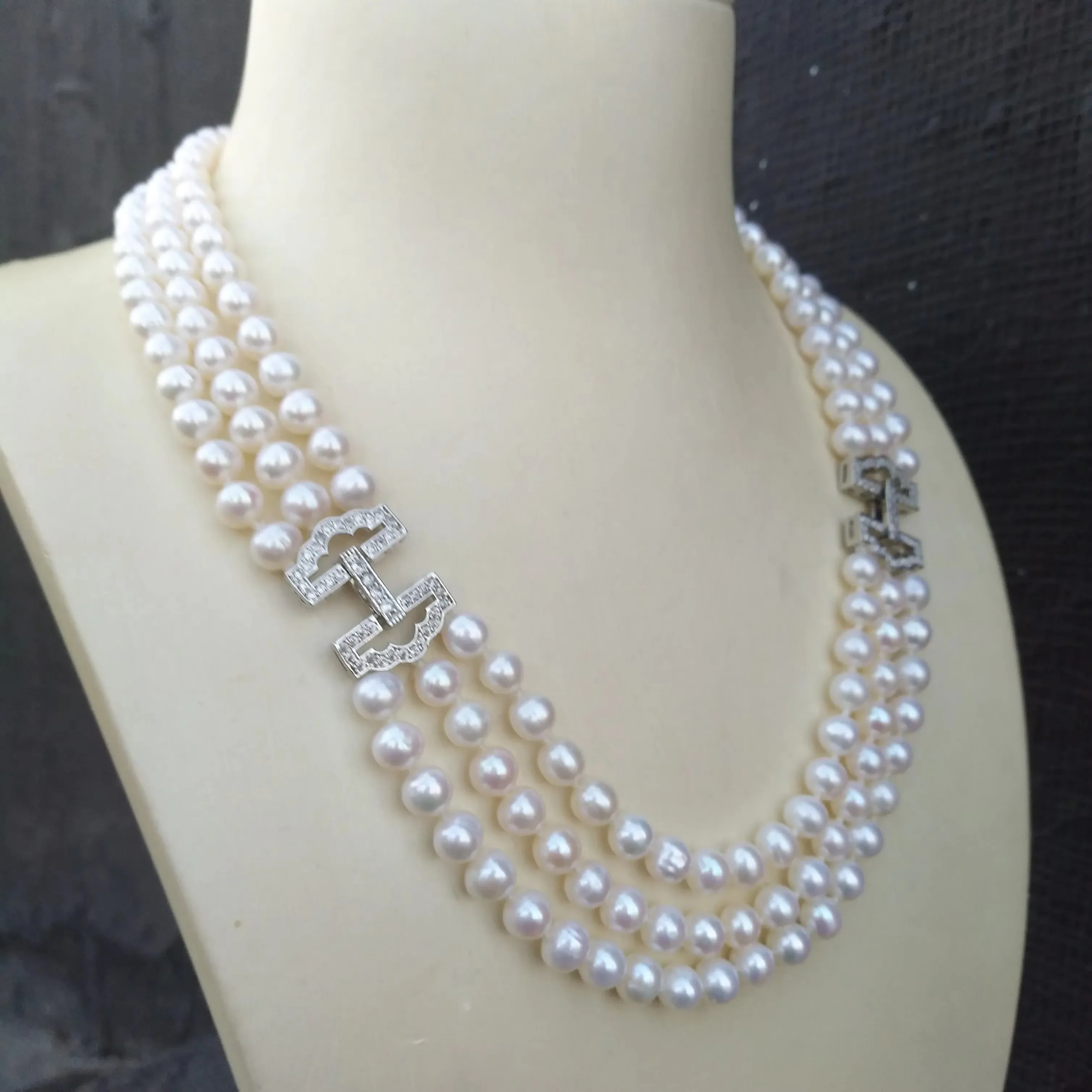 

3 Rows - Pearl Necklace AAAA 7-8mm White Akoya Natural Round Pearl 925s/16-17-18 inch /18-19-20 inch