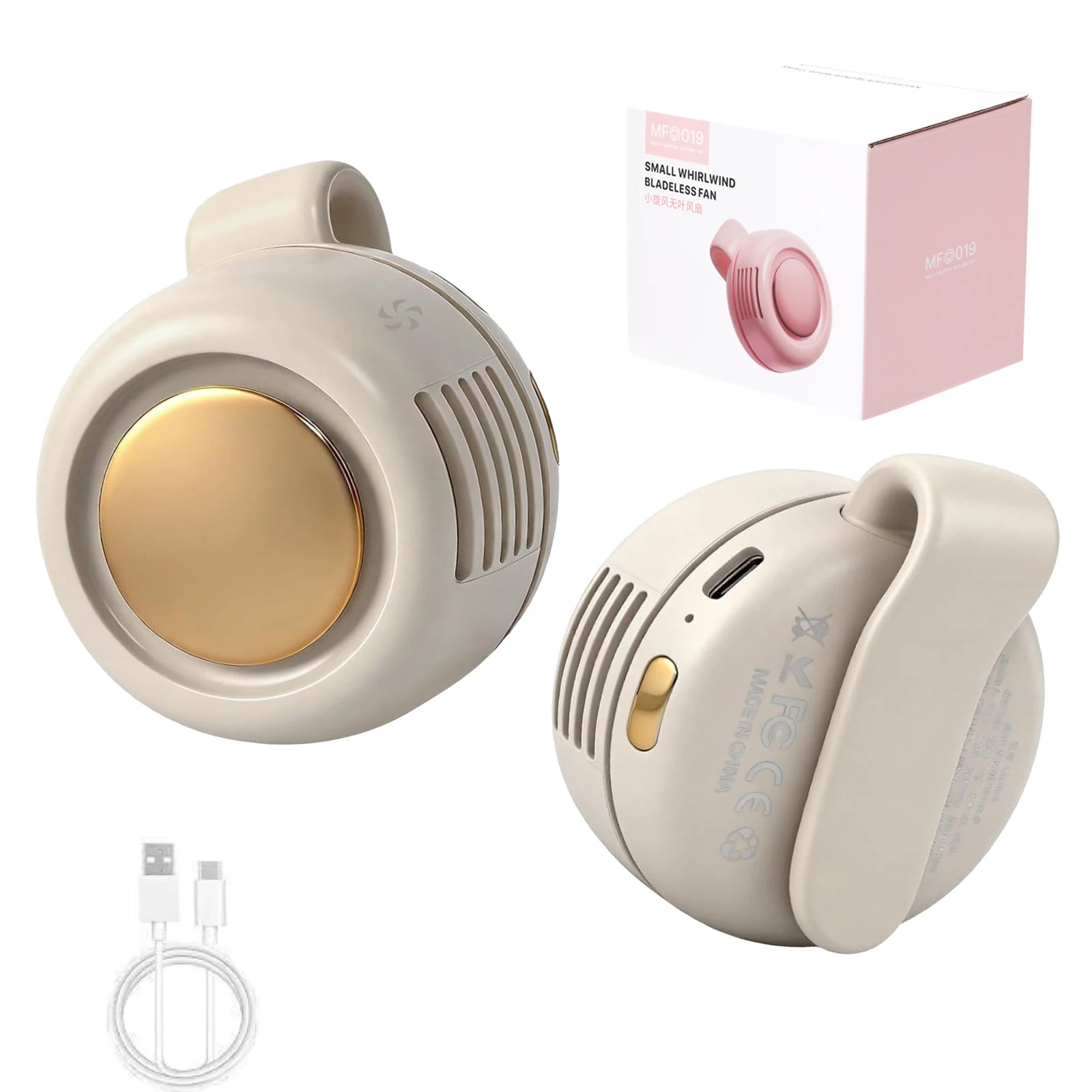 Mini Fan Portable silent bladeless electric fan, adjustable 3-speed suspended waist fan, rotating body fan, suitable for outdoor