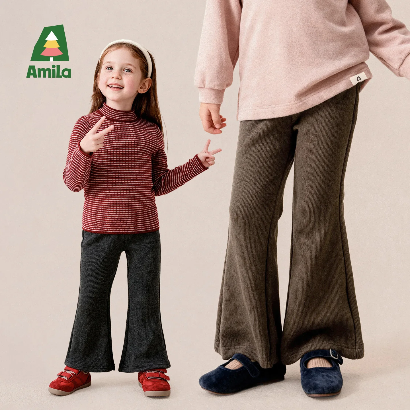 Amila 2026 Winter New Kids Casual Long Pants Ribbed One Piece Fleece Slight Flare High Waist Slim Fit Soft Daily Long Pants