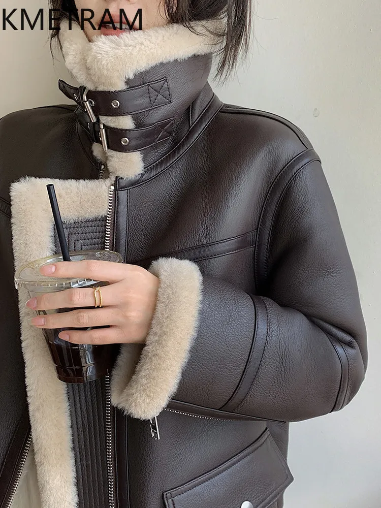 KMETRAM Natural Turkey Merino Sheepskin with Wool Attached Jacket Fashion Mid-Length Real Fur Coat Woman Clothing 65cm 2026 шуба