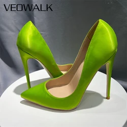 Veowalk Green Satin Sexy 12cm Super High Heels Women Elegant Pointed Toe Stiletto Pumps for Evening Dress Wedding Party Shoes