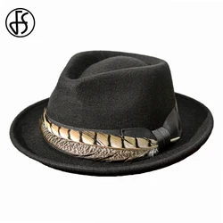 FS Vintage Wool Felt Fedoras Black Cowboy Hats For Men Feather Beige Jazz Panama Hat Coffee Gentleman Gangster Cap Winter