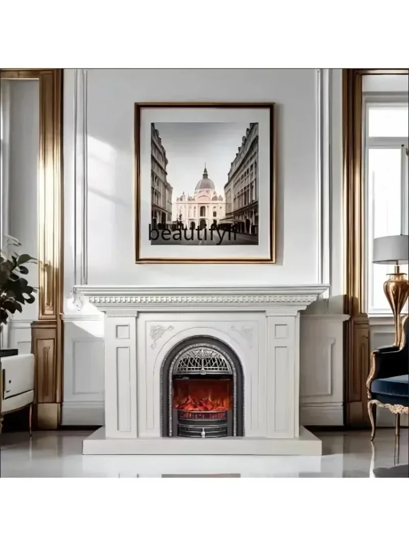 European living room entrance cabinet French retro solid wood fireplace decorative cabinet Simulation fire fireplace cabine