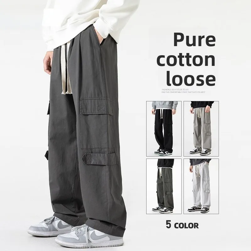 

Men's Loose Fit Straight Leg Cotton Work Trousers Thin Autumnal Casual Wide Leg Long Pants Comfortable Loose Sle
