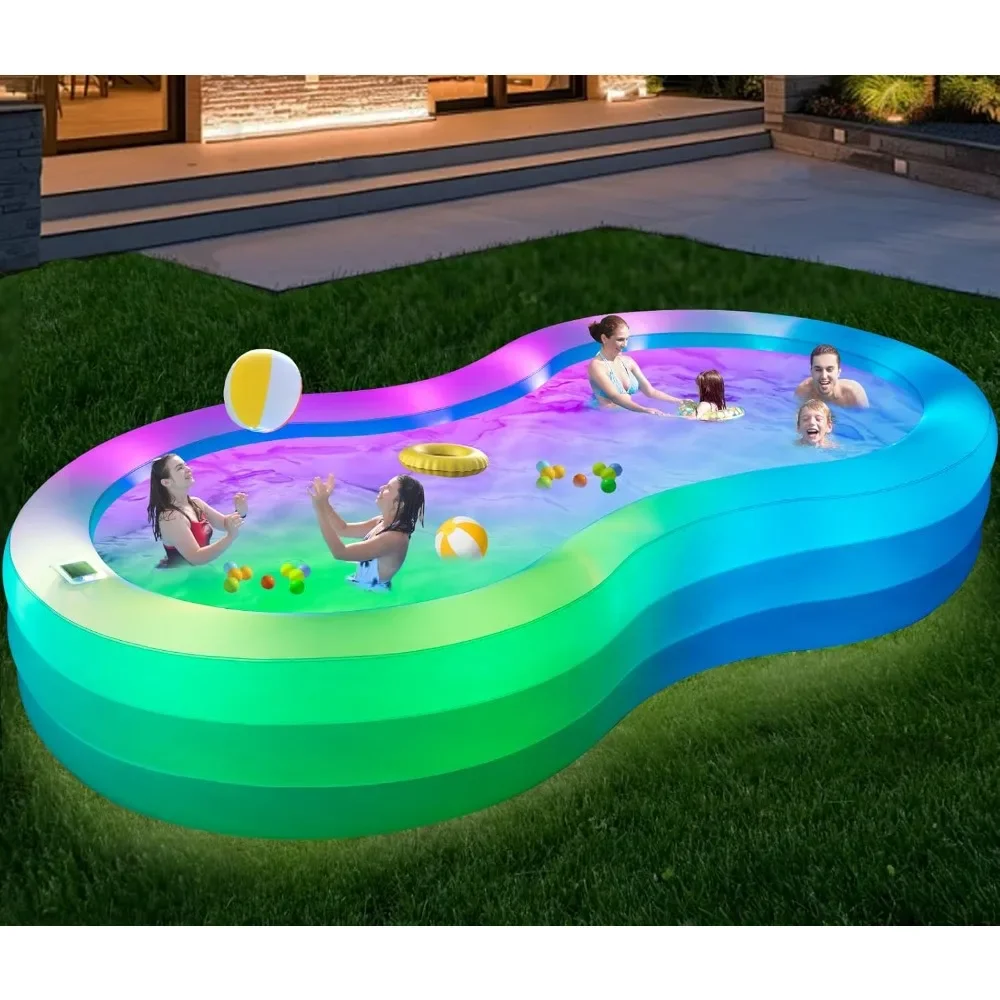 

Extra Large Inflatable Pool with Lights, 130'' x 72'' x 22'' Big Adults Solar Blow Up Pools with Pump, 16 Light Modes Thickened