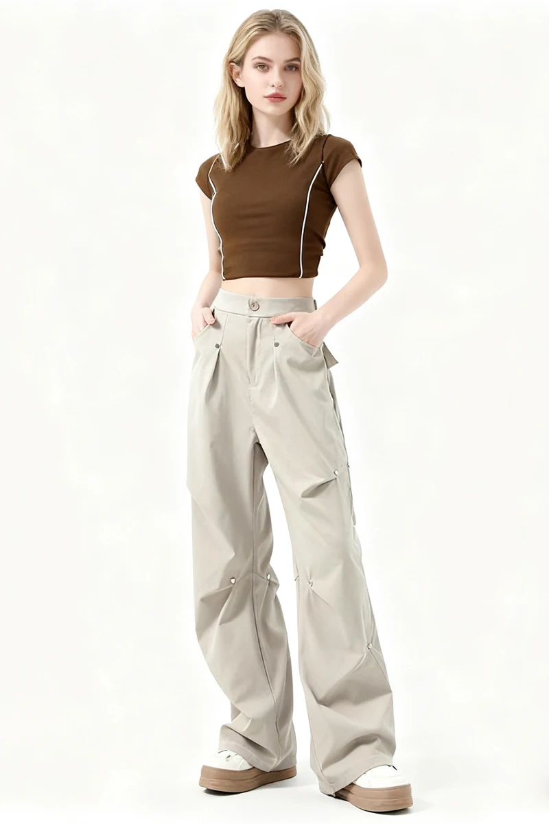 

Брюки-карго женские красные осенние хлопковые униформы с широкими штанинами формальные высококачественные складки классические студенческие детали практичные подходящие