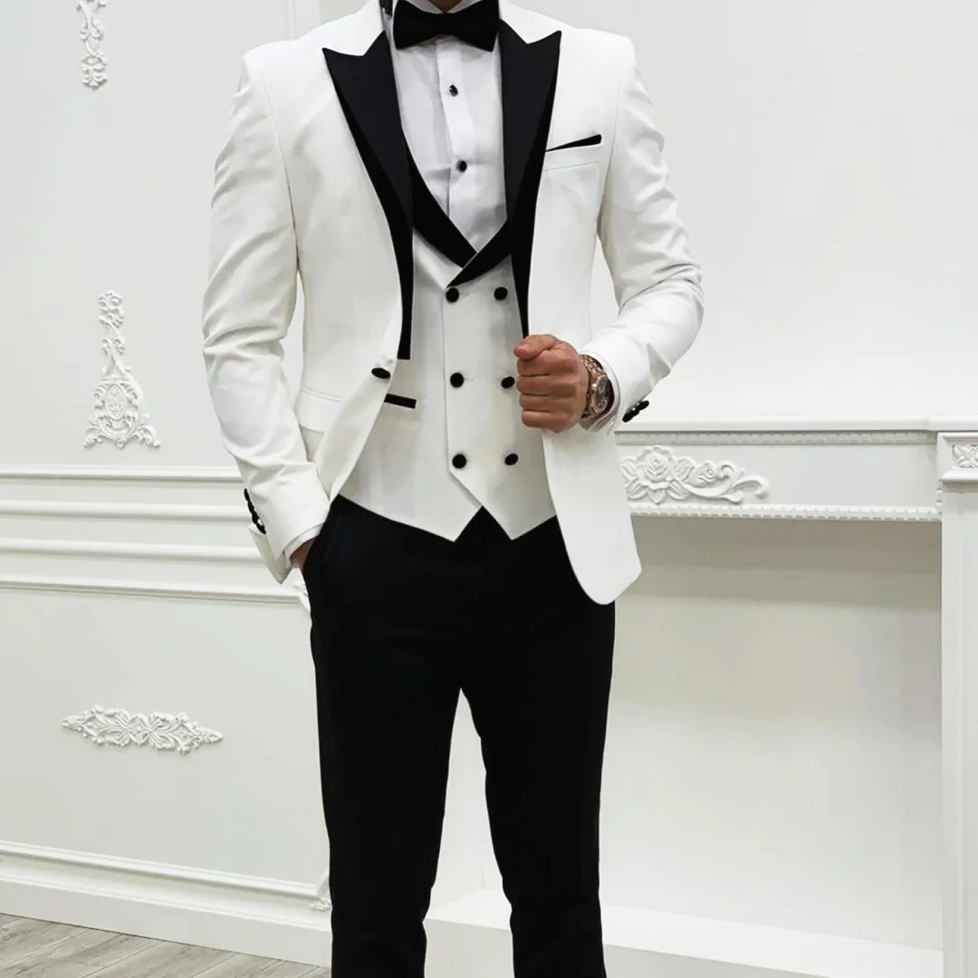 

Men Suit 3 Pieces White With Black Lapel Fit Business Party Wedding Banquet Ceremonial Tuxedo Set Jacket Vest With Black Pants