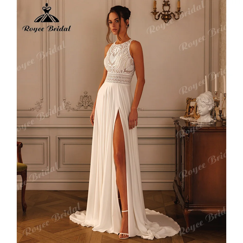 A Line Wedding Dress Sleeveless Lace Bodice Keyhole Open Back Chiffon Skirt High Side Slit Sweep Train Vestido De Novia Customiz
