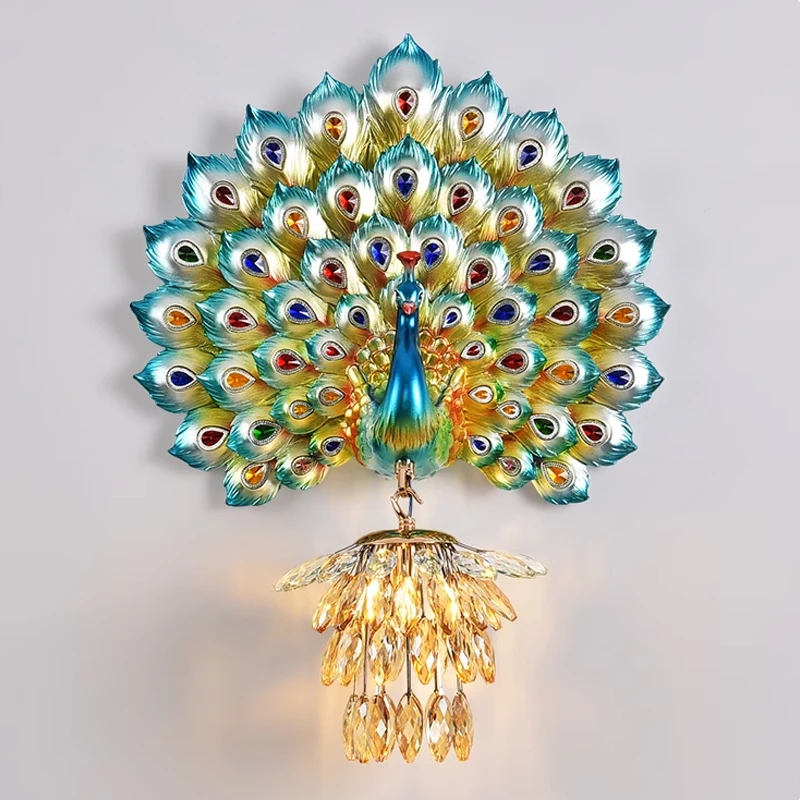 Vintage Resin Peacock Wall Lamp Retro Animal Luxury Crystal Wall Sconce Bedroom Bathroom Mirror Lights Living Room Home Decor