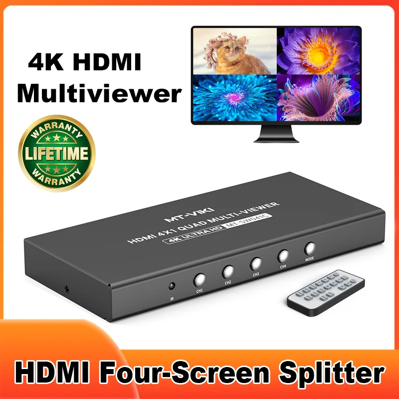 4K HDMI Multi-Viewer Switch 4x1, 4K@30Hz Quad Seamless HDMI Multiviewer Switcher 4 in 1 Out w/Remote for Security Camera, PC, La