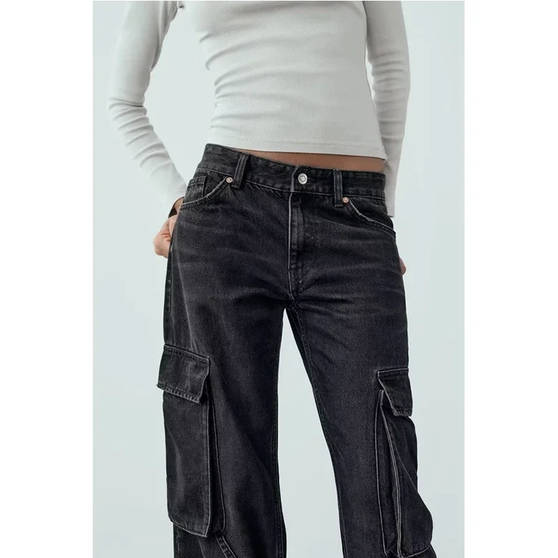 

Winter Black New Vintage Cargo Jeans Fashion Pocket High Waist Straight Mopping Pants High Street Baggy Wide Leg Denim Trouser