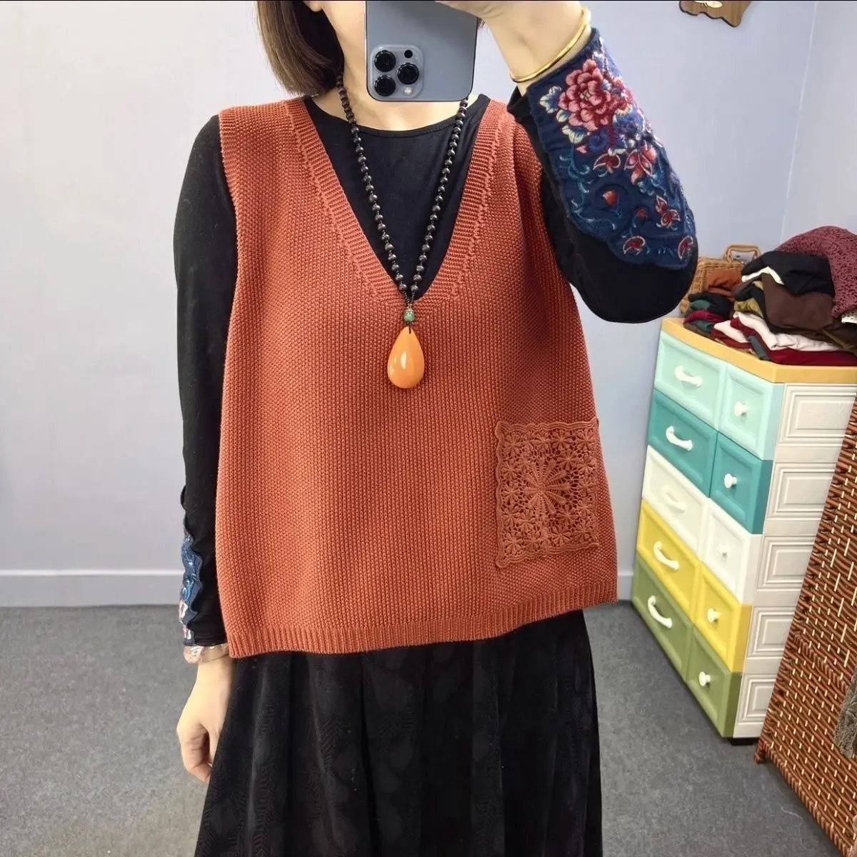 Women's Knitted Vest Purple Ladies Sweater Casual Layering Knitwear Bright Thread round Neck Long Sleeve  Color Top