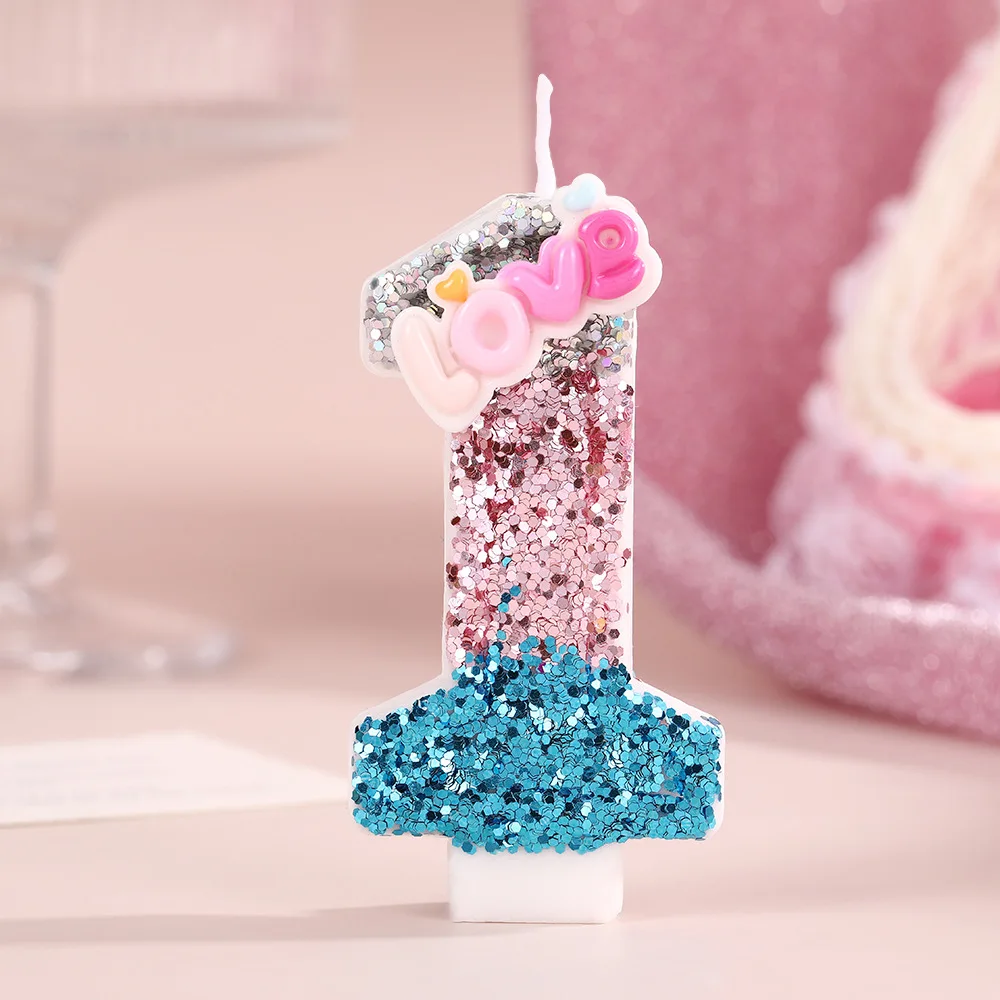 Bougies numériques bleues et roses, bougies d'anniversaire colorées avec lettres «amour», décoration enfichable pour gâteau en diamant brillant coloré