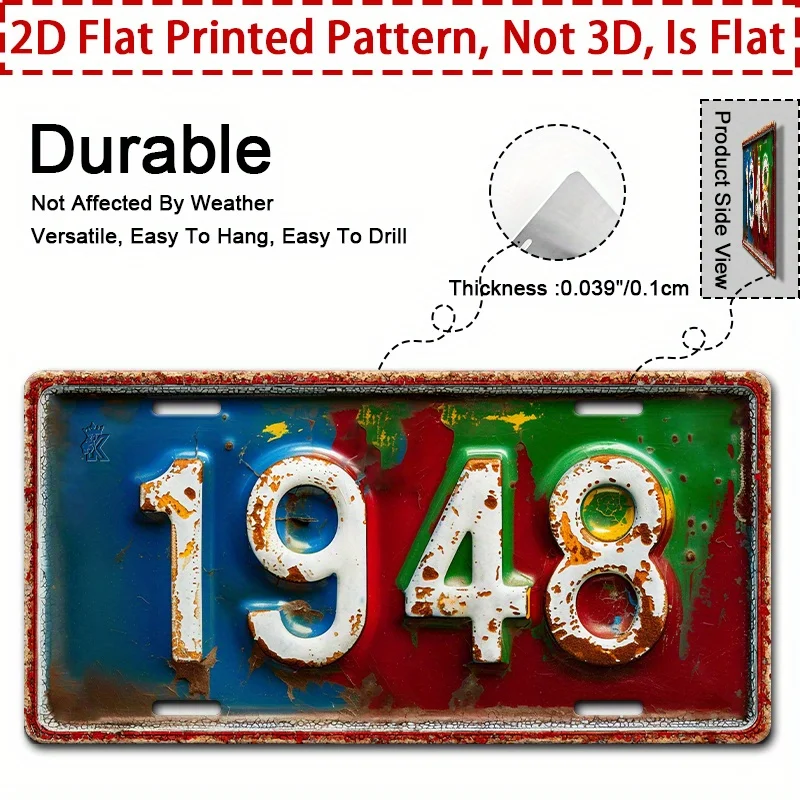 HD Aluminum Metal Sign, 1948 Vintage Rusty License Plate Style Wall Decor, Retro Distressed Colorful Number Metal Tin Poster for