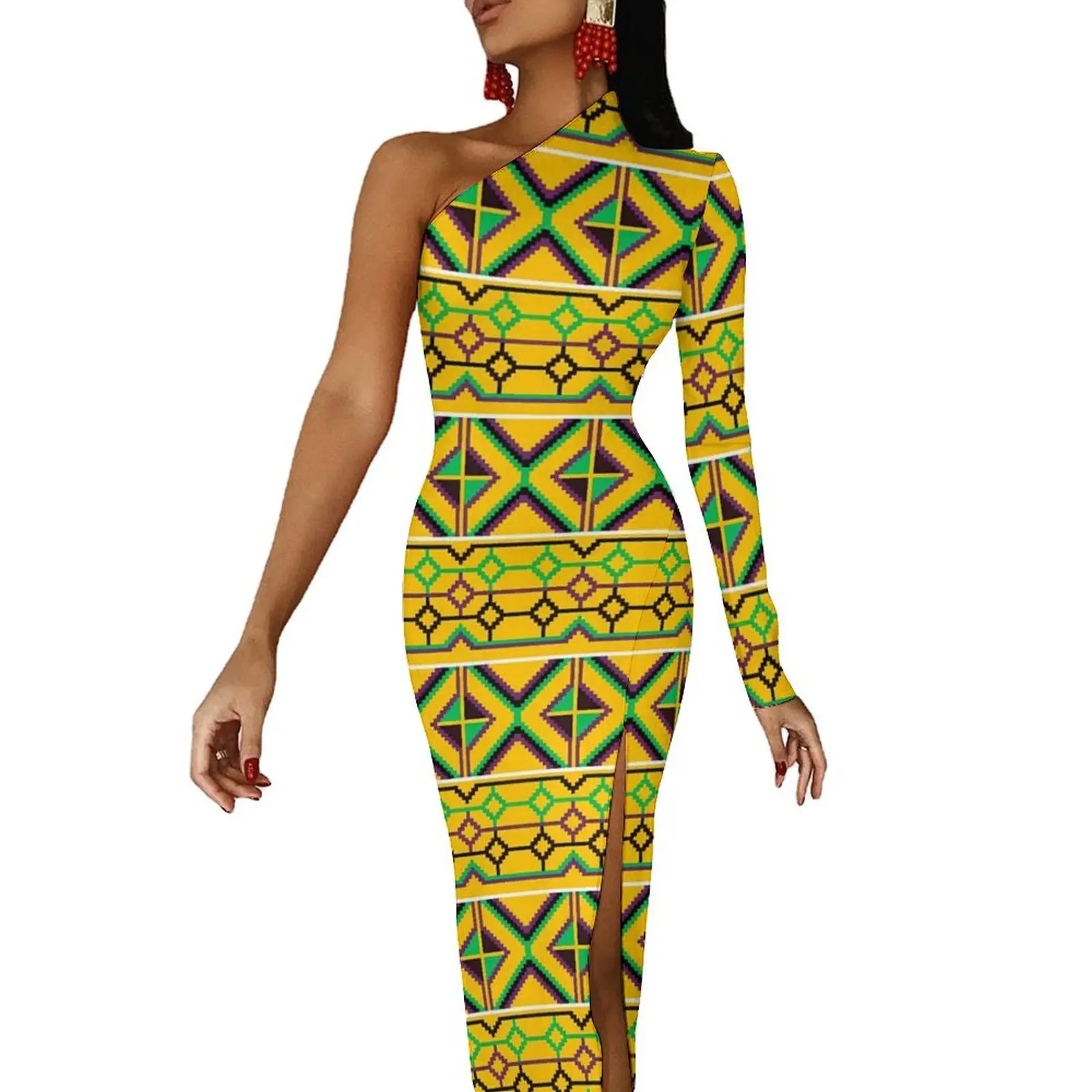 African Ethnic Print Bodycon Dress Autumn Kente Ghana Cute High Slit Long Dresses Long Sleeve Design Street Style Dress