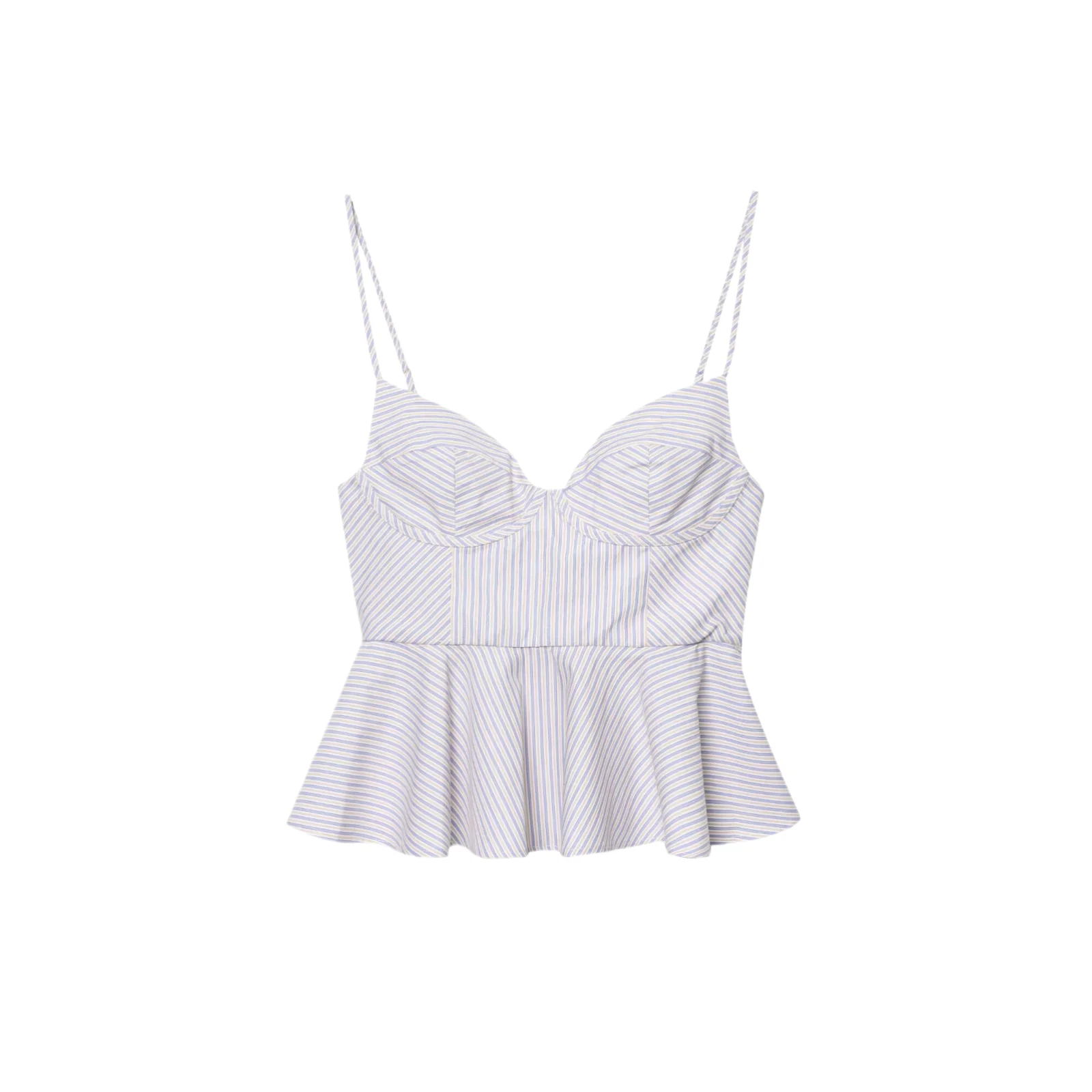 

BM&MD&ZA Женский сексуальный милый короткий топ в полоску с вырезом в форме сердца без рукавов на тонких бретельках и украшением по подолу с рюшами