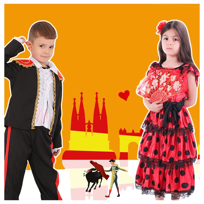 Disfraz de Cosplay de España para niños y niñas, vestido nacional bonito, traje de actuación, fiesta de vacaciones, ropa de escenario divertida