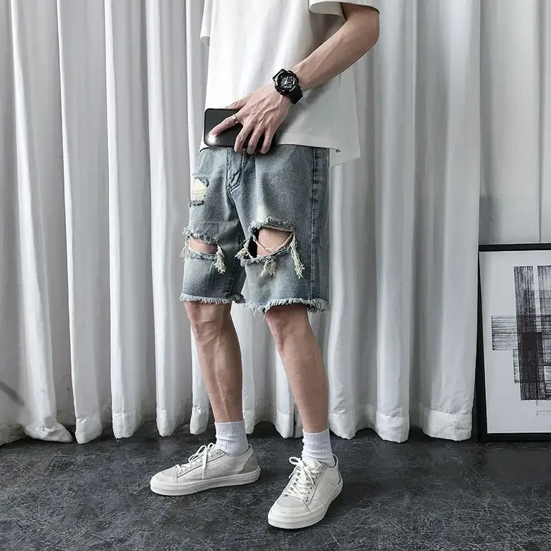 

Loose Short Jeans Pants for Men Baggy with Pockets Man Denim Shorts Ripped Drawstring Long Half Bermuda Wide Retro Distressed Xl