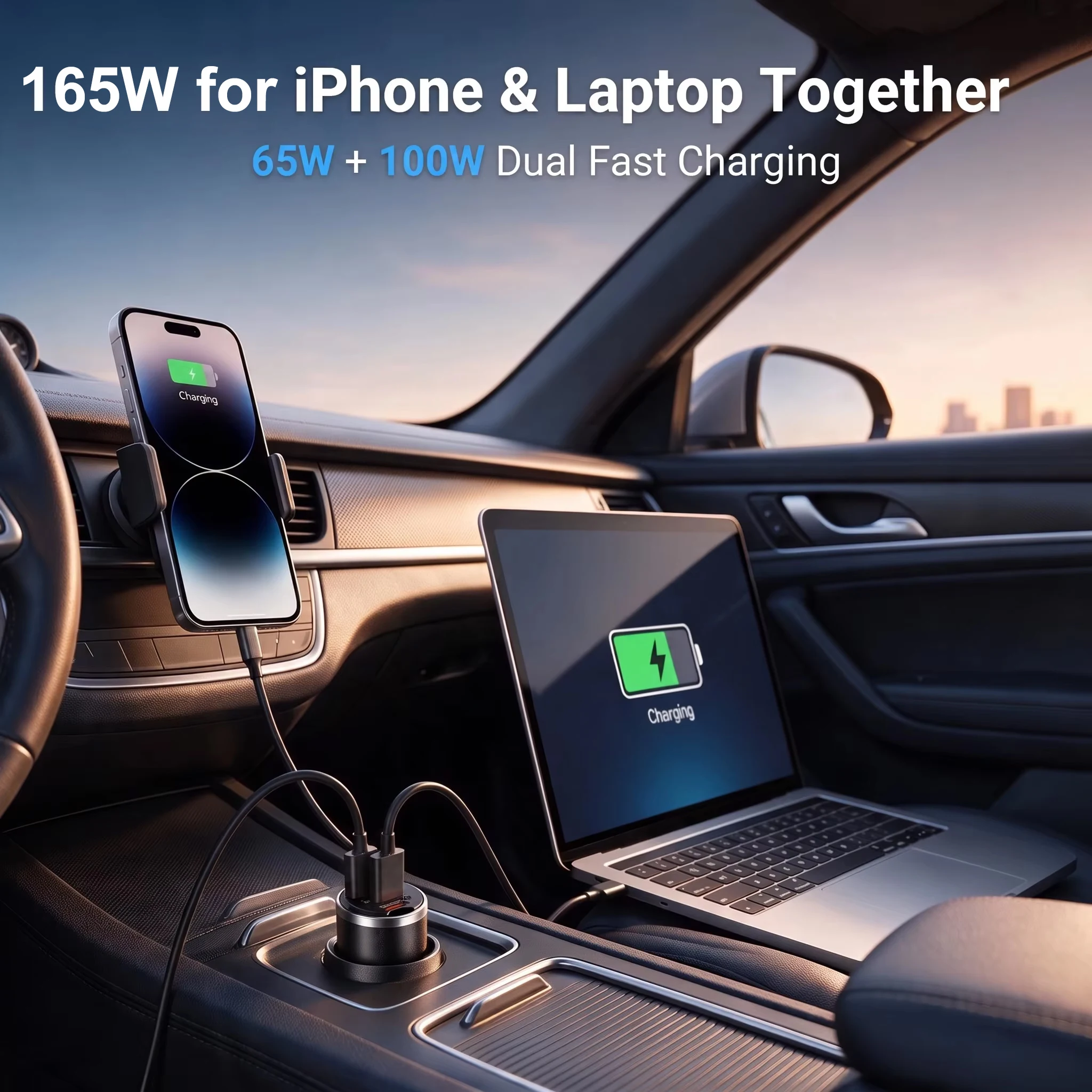 165W Hochleistungs-Autoladegerät mit PD 65W Typ-C- und 100W USB-A-Anschlüssen für Smartphones, Tablets und Laptops, Robustes Mini-Gehäuse aus Zinklegierung – Detail 3