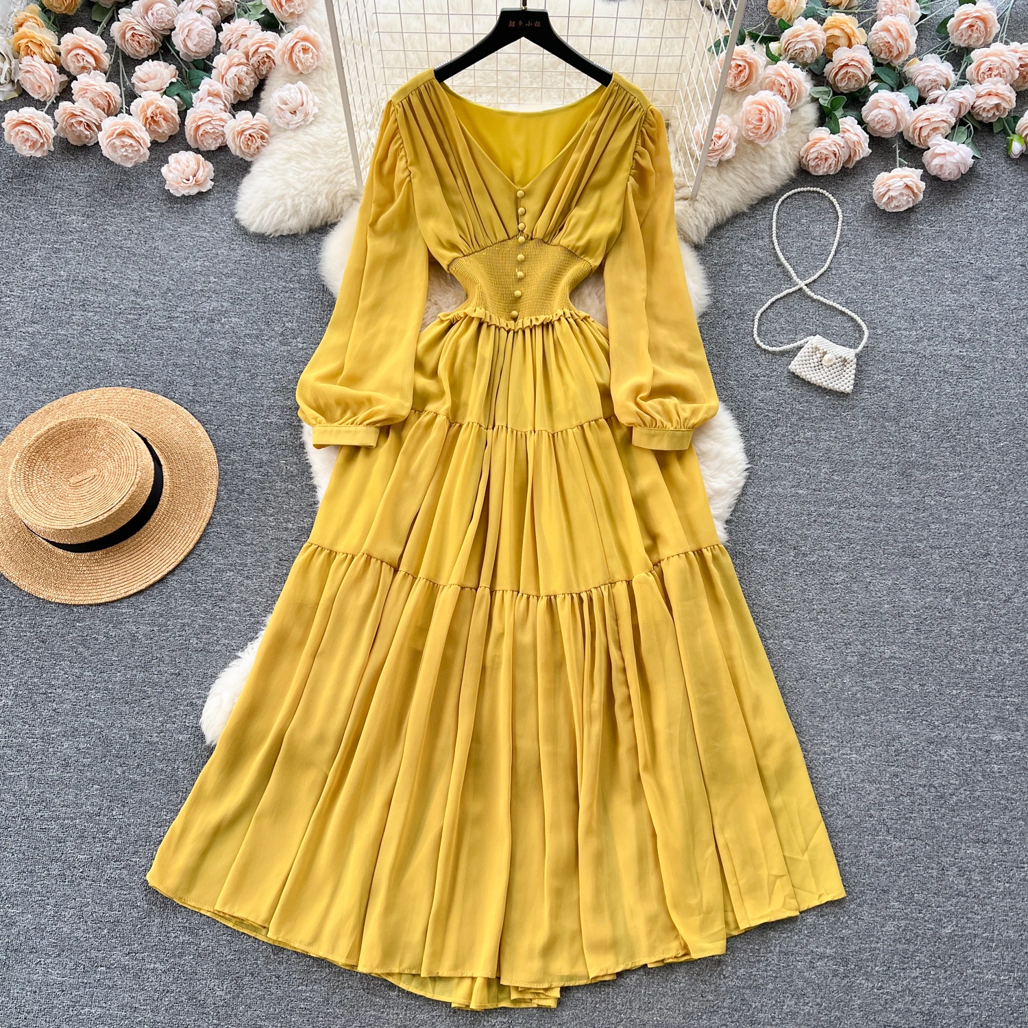 Chic Pleated Long Sleeve V Neck Dress Chiffon A-line Casual Dresses Fashion Women Elegant Vestidos