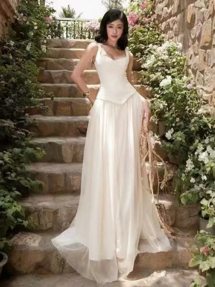 

Sexy Spaghetti Strap V Neck Patchwork Long Dress Women Beige Sleevelss Tull A-Line Long Dresses Elegant Evening Party Wedding