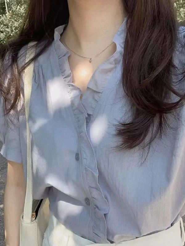 

Женская шифоновая блузка с коротким рукавом, летняя новинка, с рукавами-фонариками, V-образным вырезом, базовая модель, маленький размер