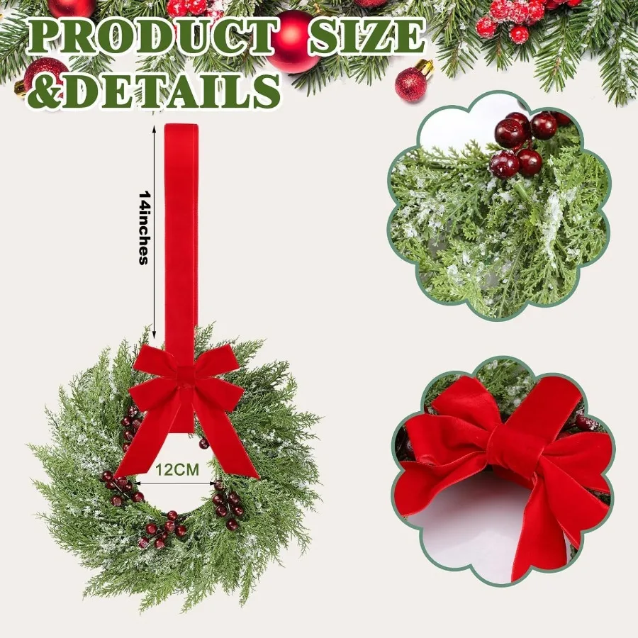 12 Pcs Small Christmas Norfolk Wreaths 15 Inch Christmas Kitchen Cabinet Mini Wreath Real Touch with Bow Ribbon Cedar Red Berry