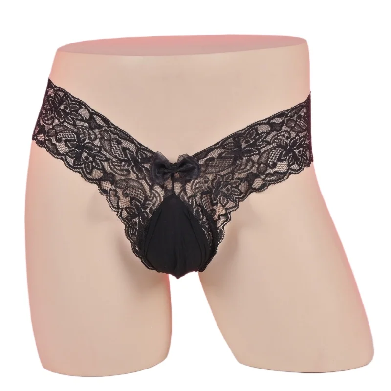 Men Sexy Briefs Lace Jacquard Tight U Convex Pouch Underwear Ultra-Thin See Through Lingerie Low Rise T-Back Sissy Panties