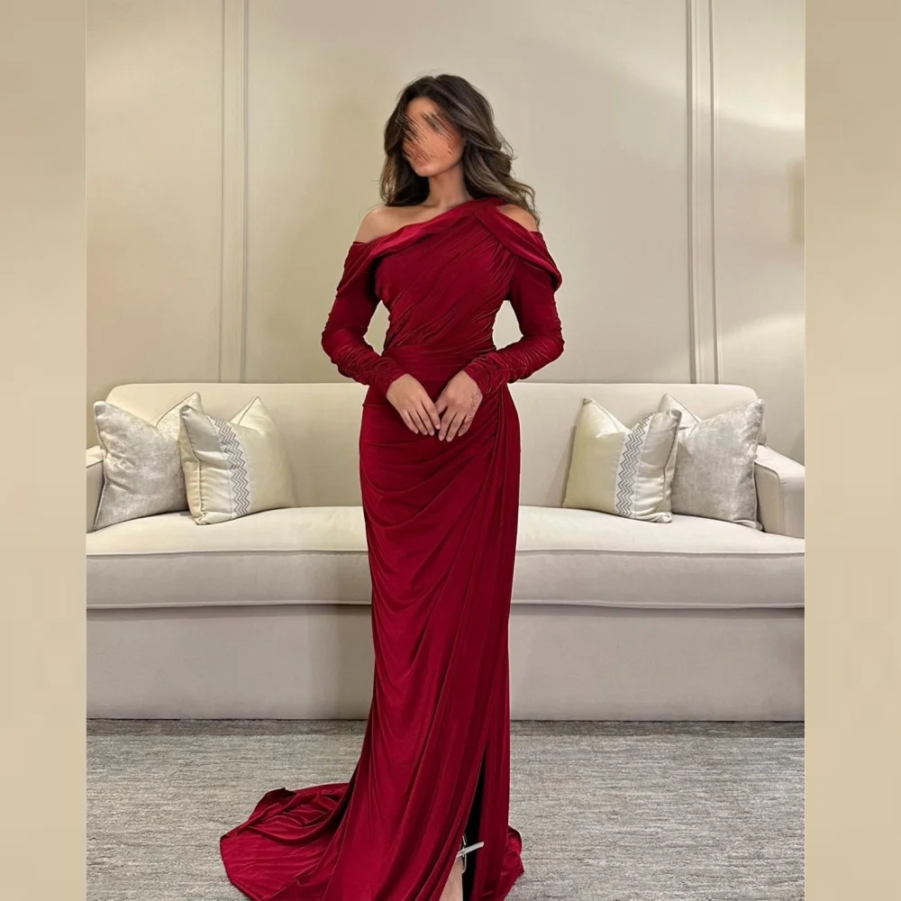 Customized Exquisite Sparkle Jersey Ruched Homecoming A-line Off-the-shoulder Bespoke Occasion Gown Long Dresses