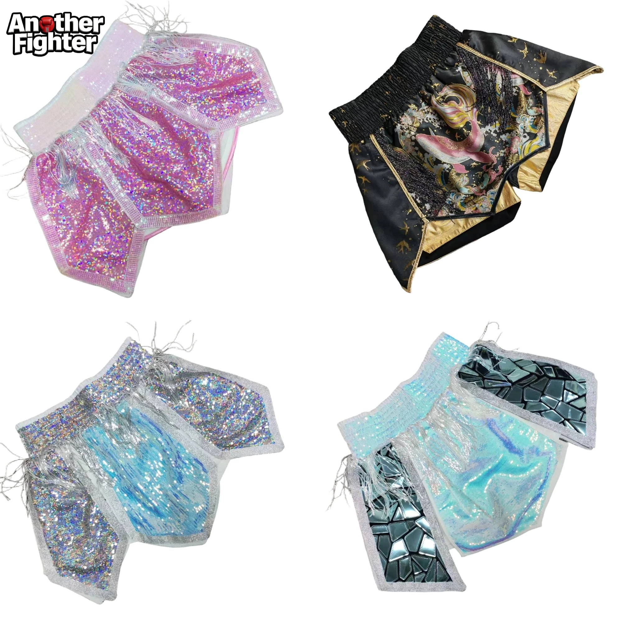 fight-kickboxing-shorts-sparkly-pink-blue-sequin-boxing-shorts-iridescent-fringe-muay-thai-shorts-mma-stage-performance-cosplay