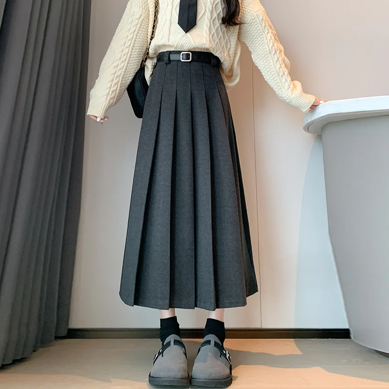 Women's Autumn Winter Thickened High Waist Slim Woolen Pleated Skirt Belt Versatile Retro Midi