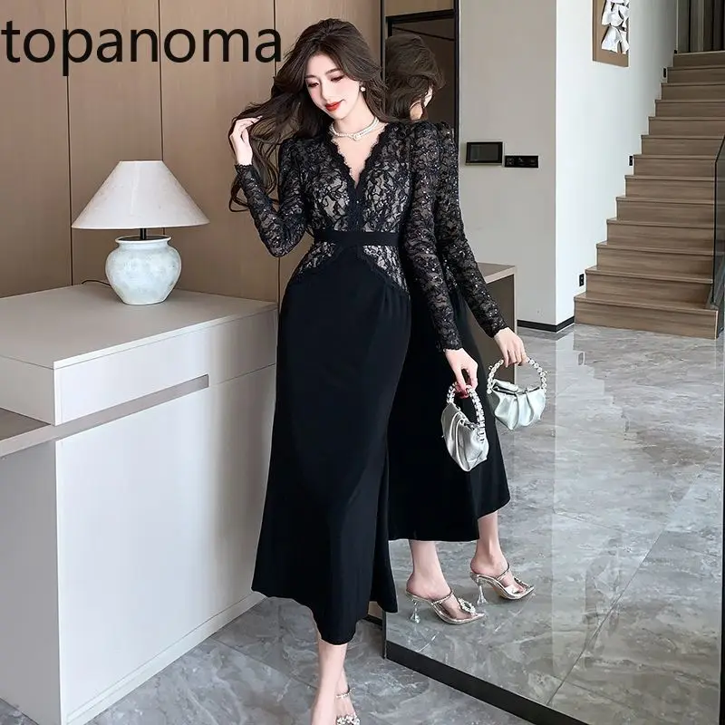 Topanoma Temperament Evening Dresses Women Lace Patchwork Long Sleeve V Neck Sexy Slim Cocktail Party Dress Ladies Banquet