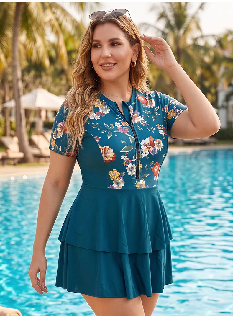 Plus Size Women One Piece Swim Dress Floral Print Front Zip Short Sleeve Skirted Swimsuit Modest Bathing Suit Beach Swimwear