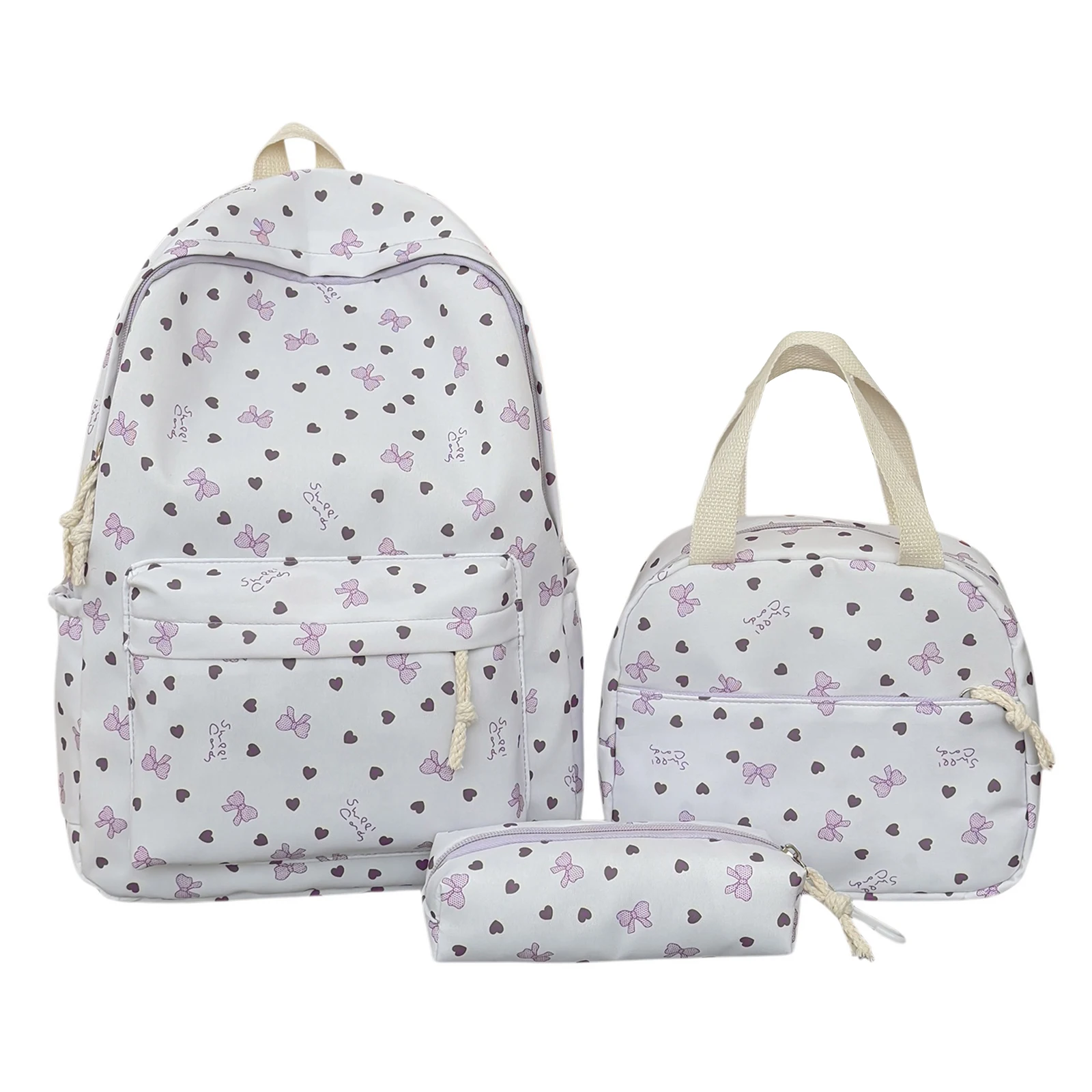 Coquette Bow Love Print Aesthetic Preppy Backpack with Lunch Box and Pencil Pouch Travel Rucksack Bag 3Pcs Set for Women